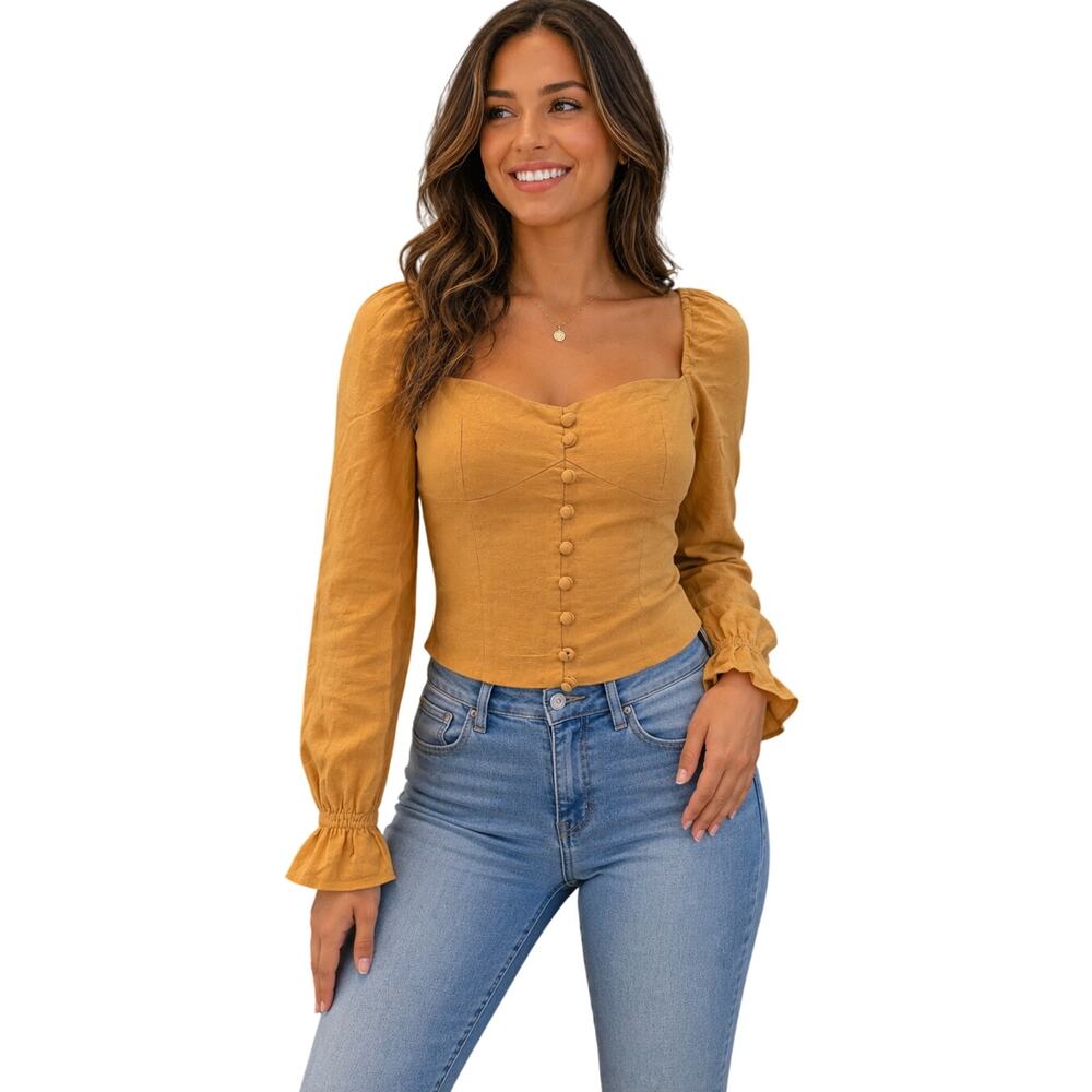 NWT kourt mustard yellow peasant form fitting button up sz small cottagecore